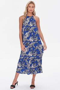 BLUE/CREAM Tropical Leaf Print Halter Dress, image 4