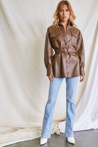 BROWN Belted Faux Leather Jacket, image 4