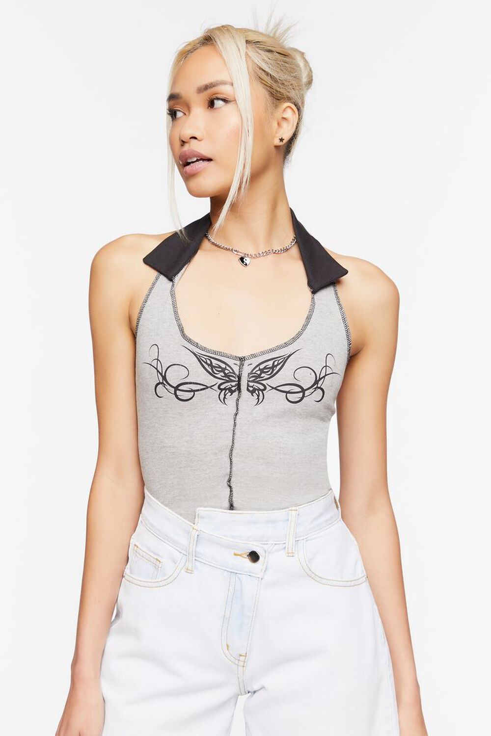 GREY/BLACK Butterfly Graphic Halter Top, image 1