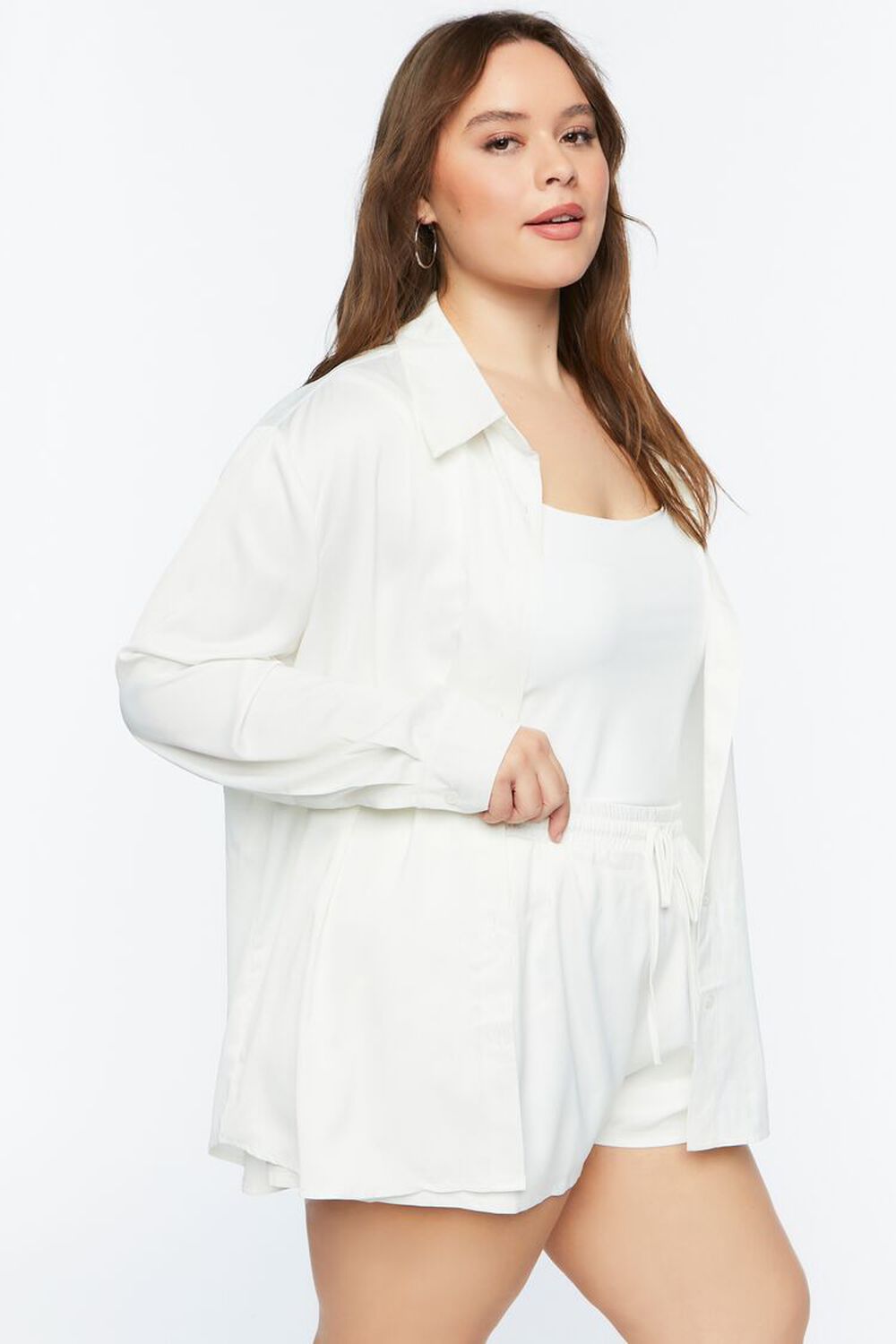 WHITE Plus Size Satin Shirt & Shorts Set, image 2