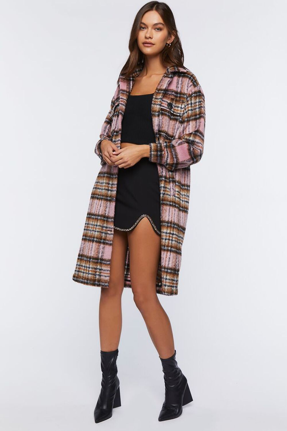 PINK/MULTI Plaid Buttoned Duster Jacket, image 1