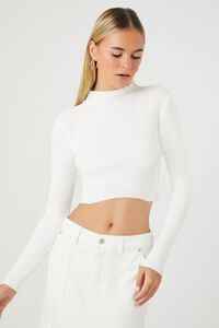 WHITE Ribbed Mock Neck Sweater-Knit Crop Top, image 1
