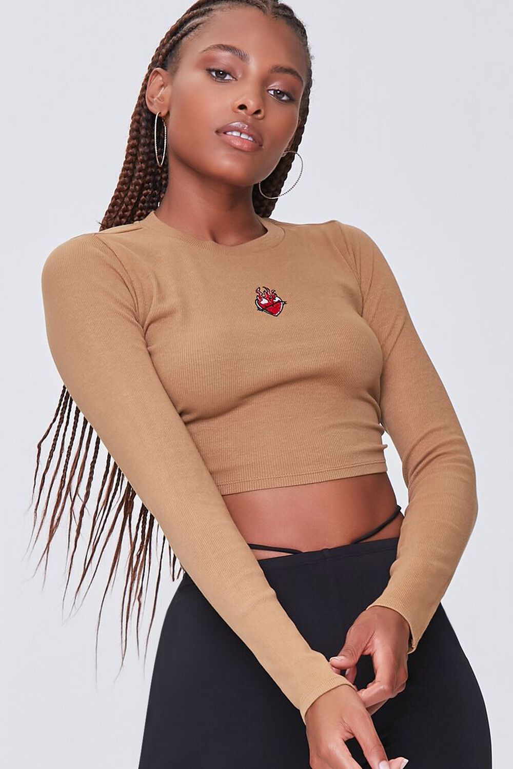 SAND/MULTI Embroidered Heart Graphic Crop Top, image 1