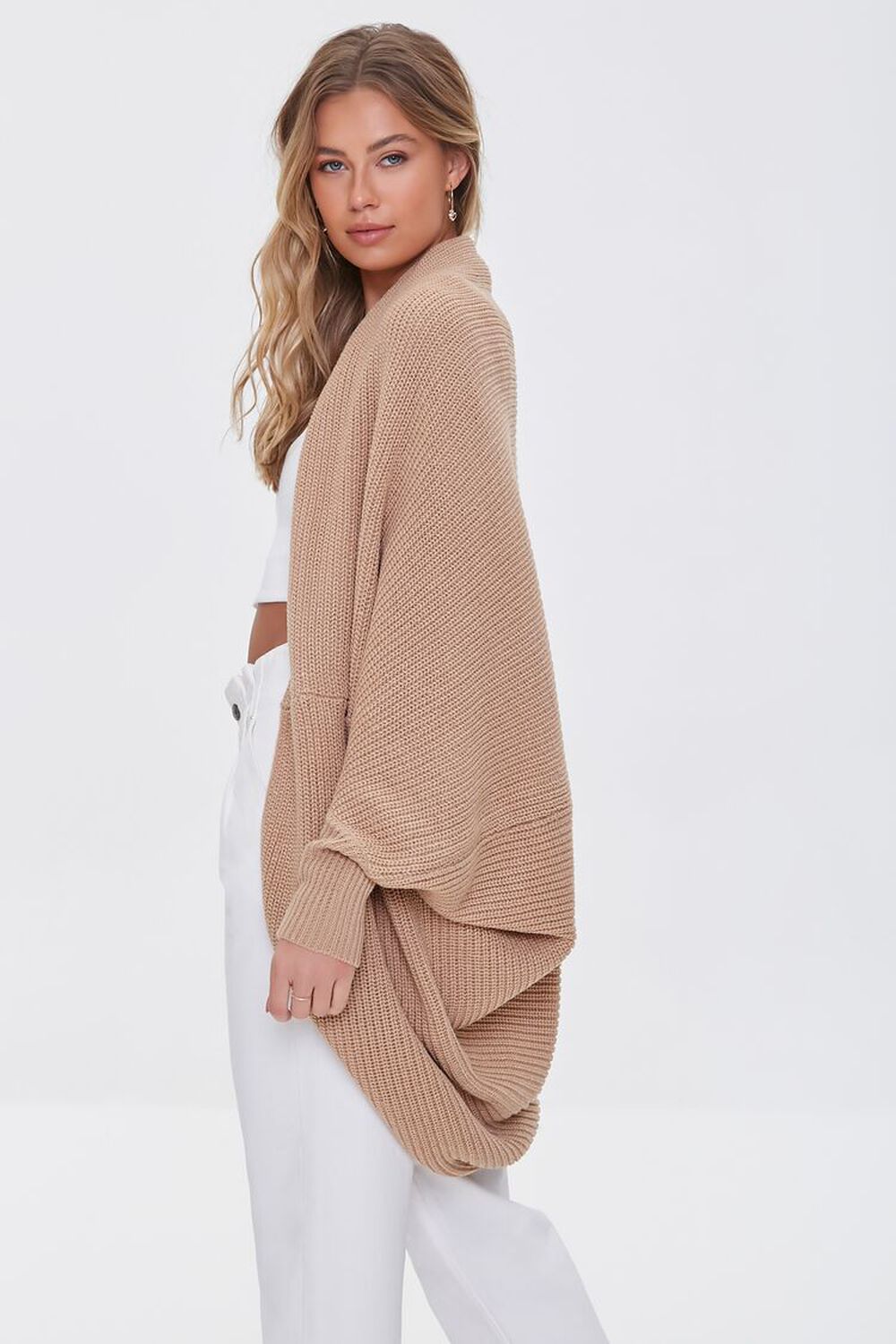 TAUPE Ribbed Open-Front Cardigan Sweater, image 2