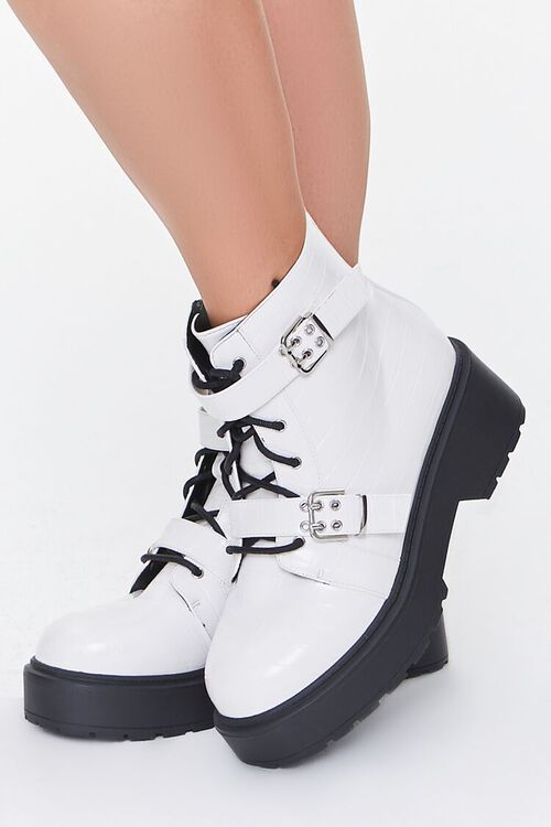 WHITE Faux Croc Leather Combat Boots (Wide), image 1