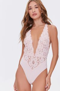 PINK PEARL Plunging Floral Lace Bodysuit, image 1