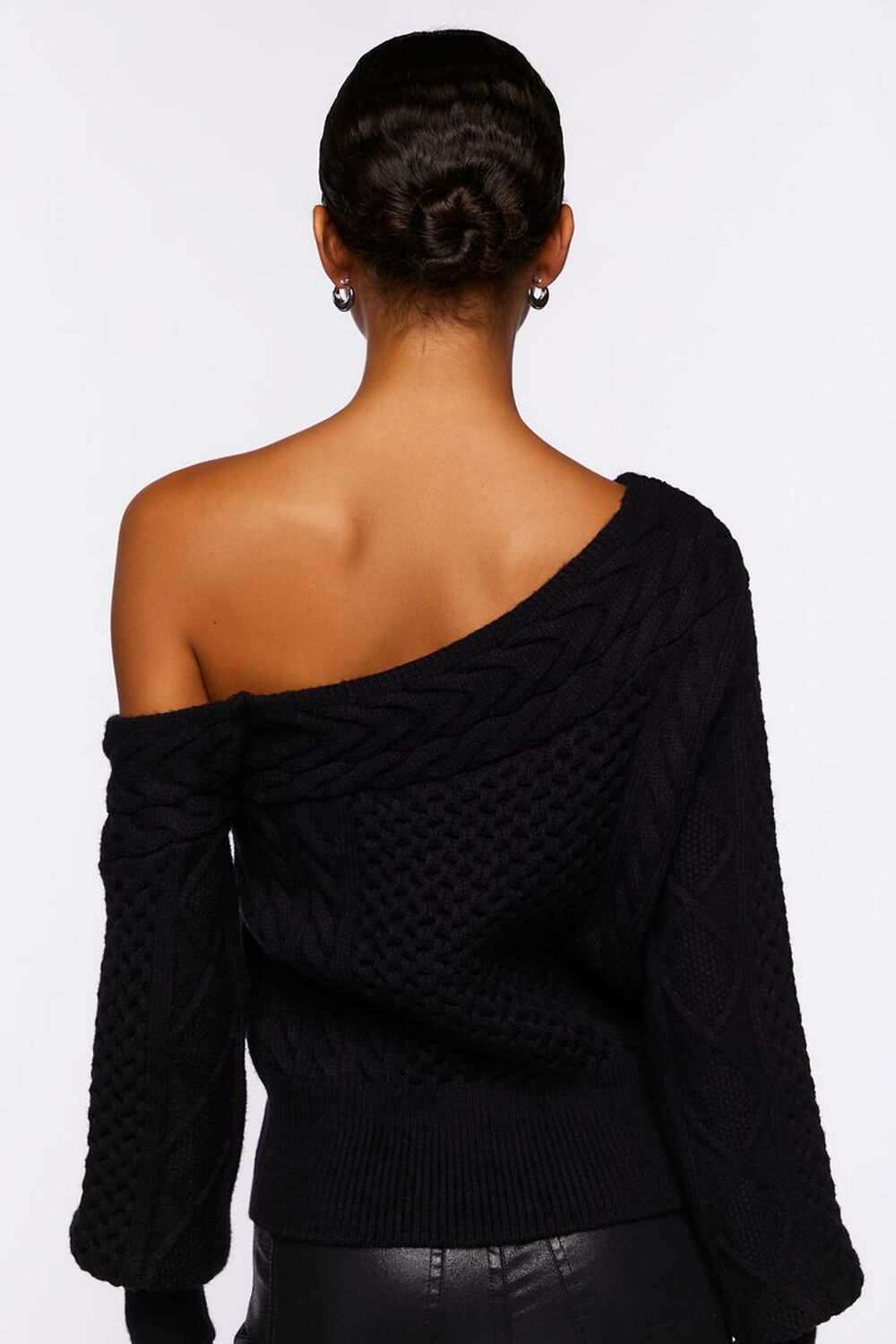 BLACK One-Shoulder Cable Knit Sweater, image 3