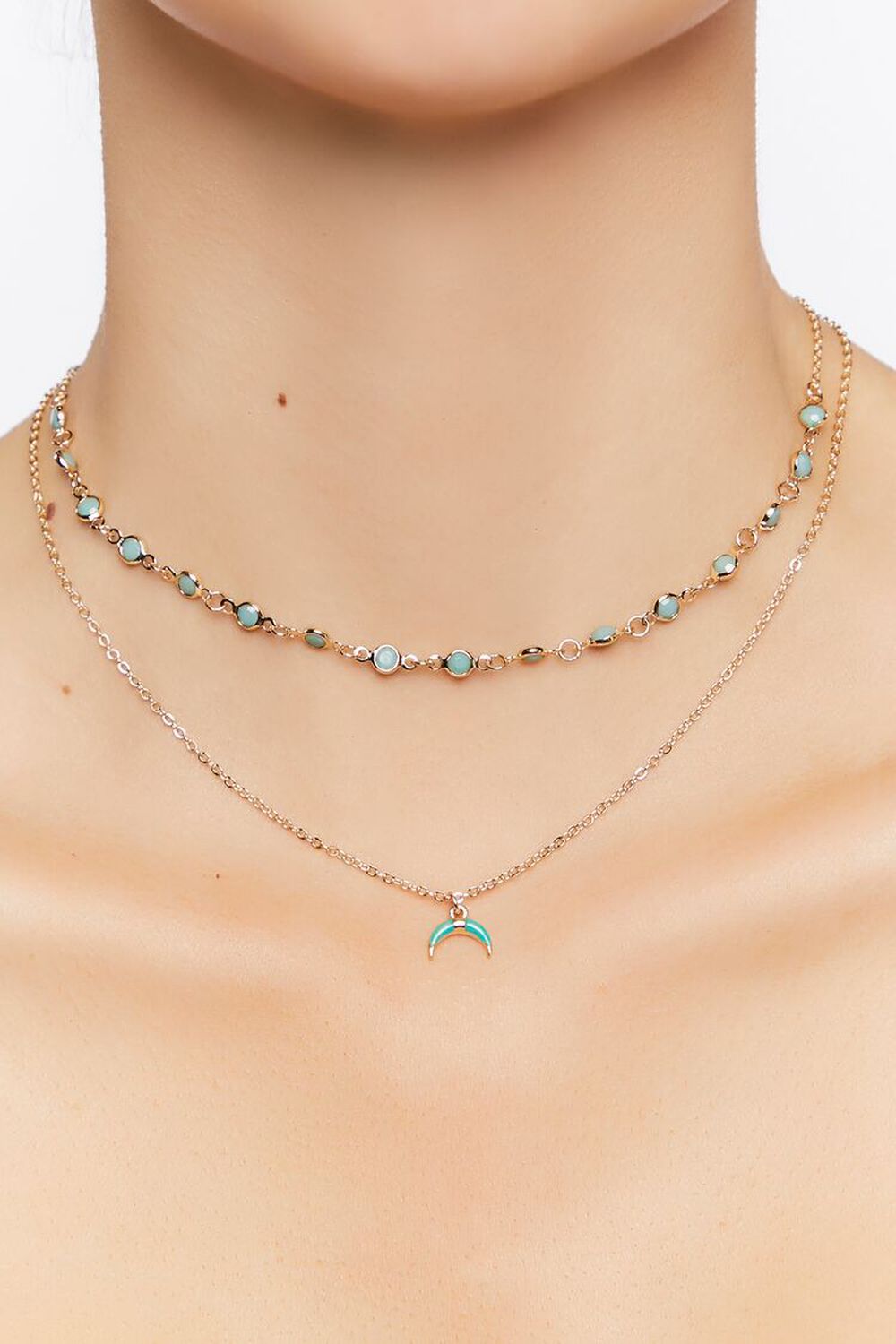 TURQUOISE/GOLD Horn Charm Necklace Set, image 1
