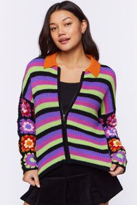 BLACK/MULTI Crochet-Sleeve Striped Zip-Up Sweater, image 5