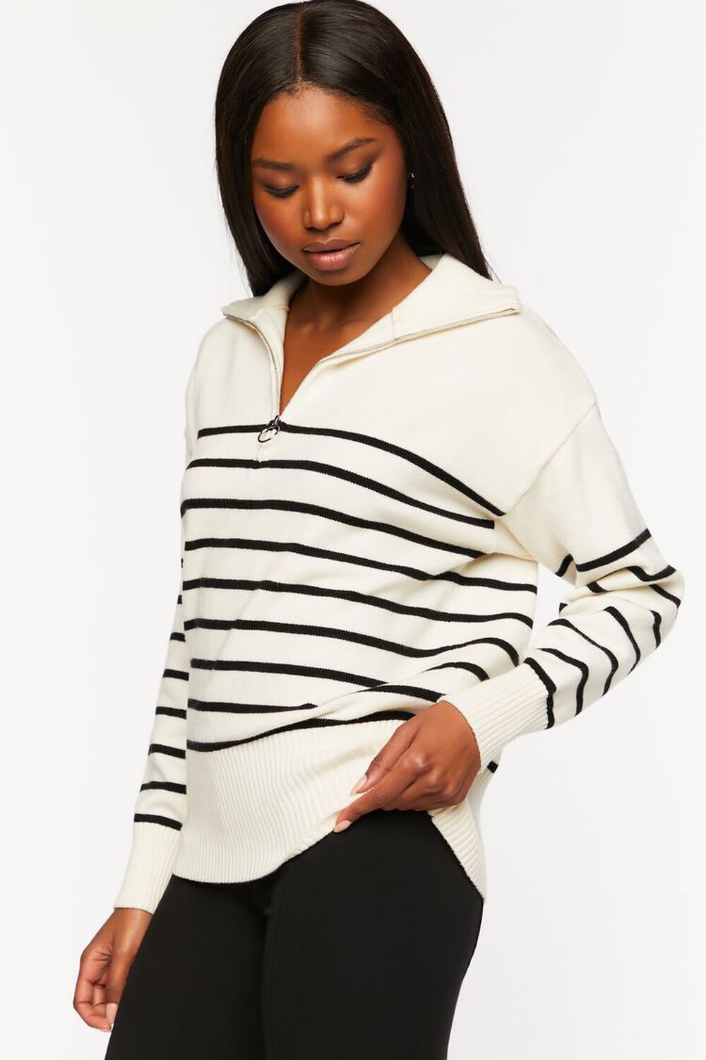 CREAM/BLACK Striped Half-Zip Sweater, image 2
