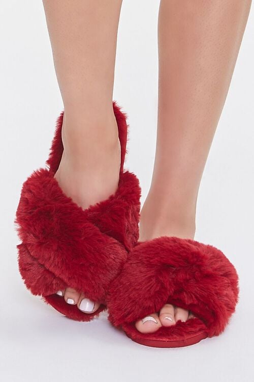 RED Faux Fur Open-Toe Slippers, image 4