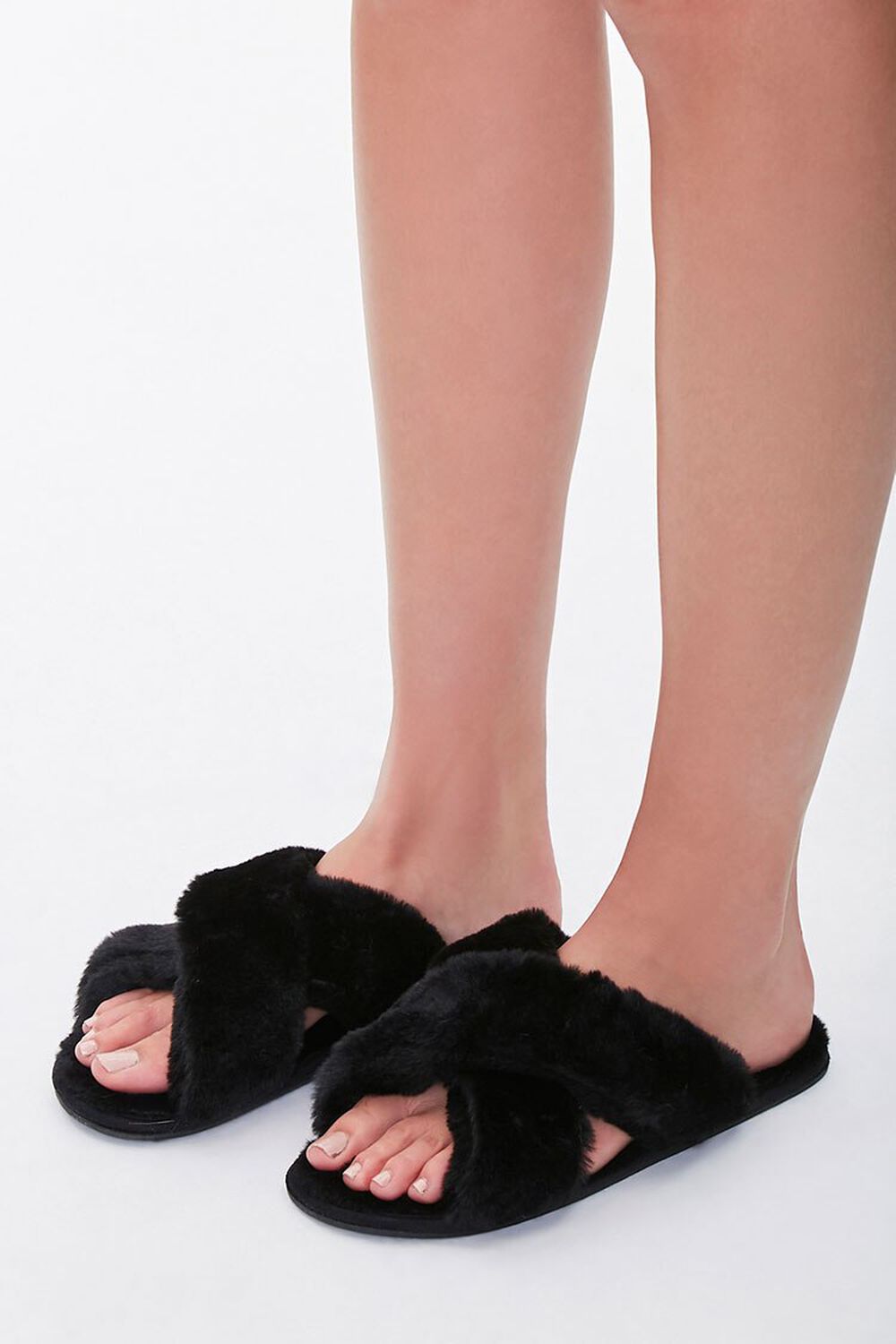 BLACK Faux Fur Crisscross Slippers, image 1