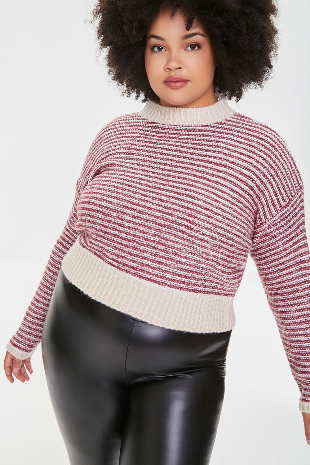 CREAM/MULTI Plus Size Striped Cropped Sweater, image 1