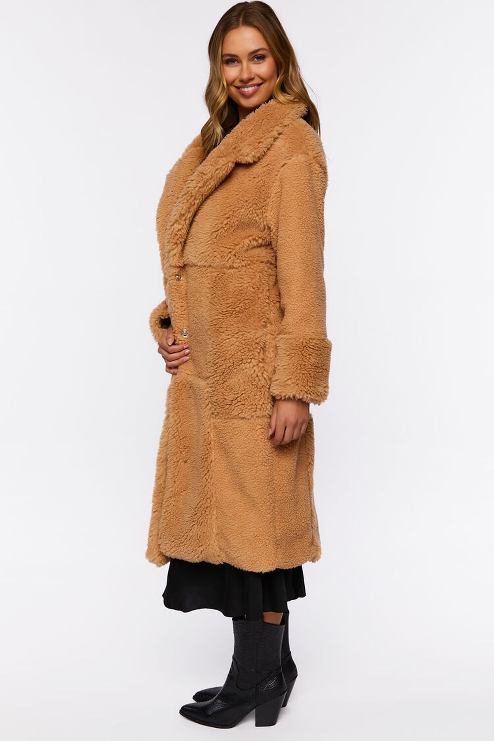 TAN Quilted Faux Shearling Duster Coat, image 2