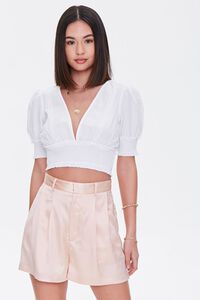 WHITE Plunging Puff-Sleeve Crop Top, image 1