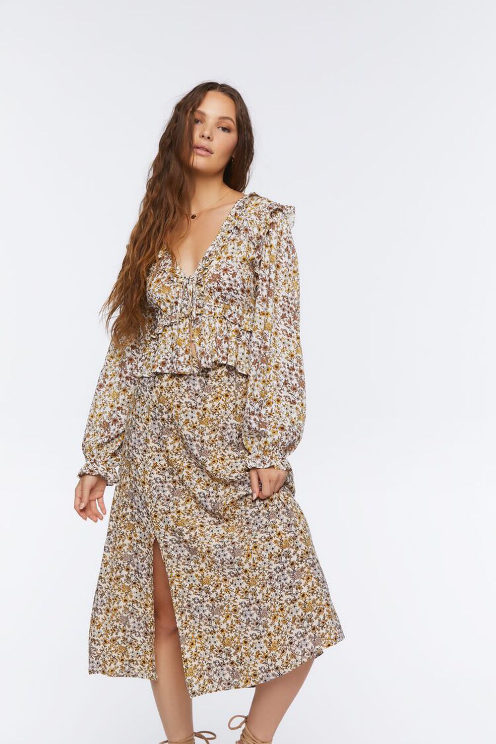 TAUPE/MULTI Floral Print Midi Skirt, image 1