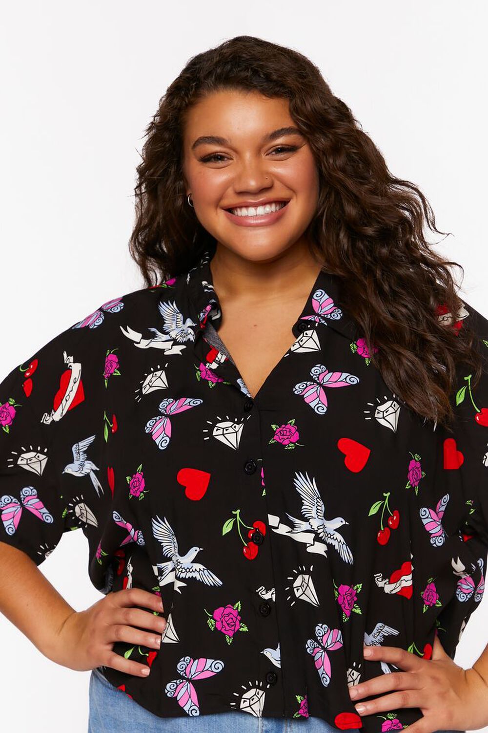 Plus Size Floral Butterfly Print Shirt, image 1