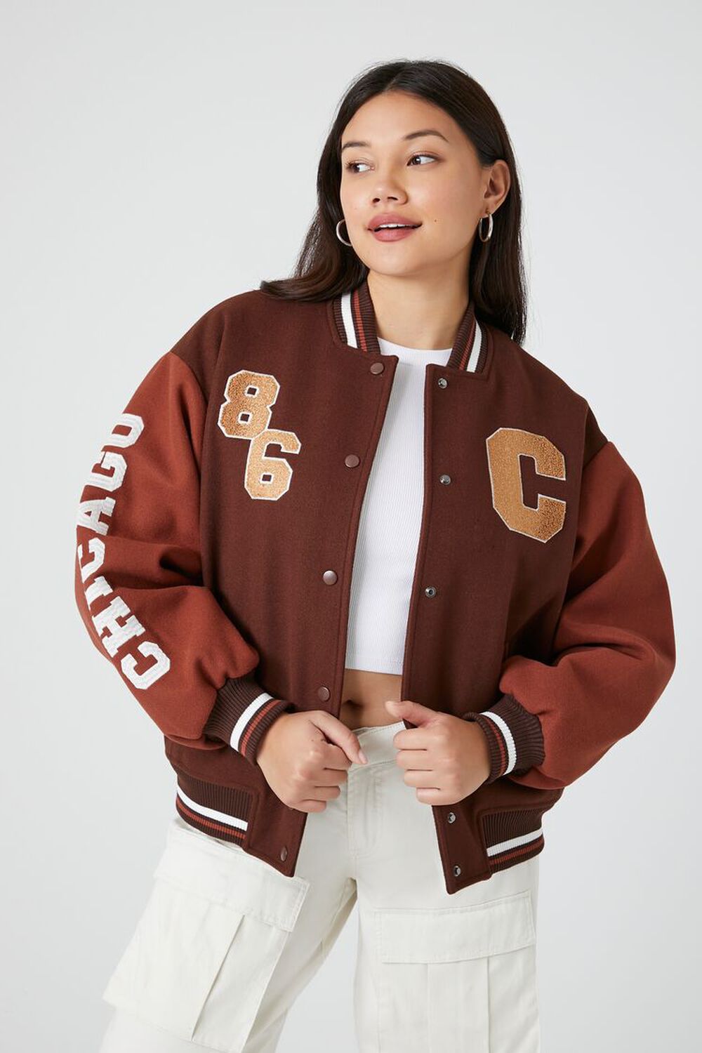 Forever 21 Women's Chicago Varsity Letterman Jacket in Brown, XL | Back to School Essentials | F21