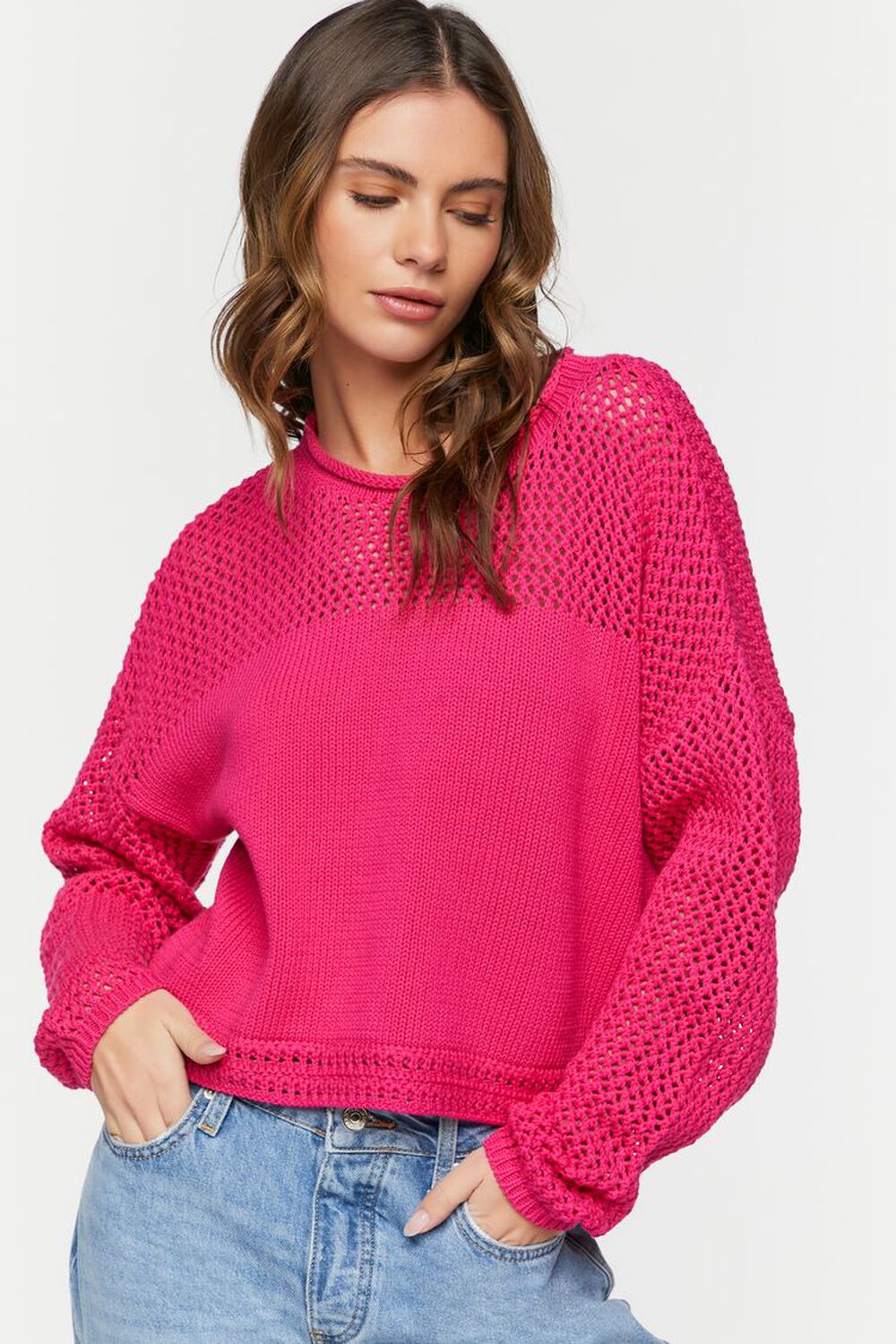 SHOCKING PINK Crochet Drop-Sleeve Sweater, image 1