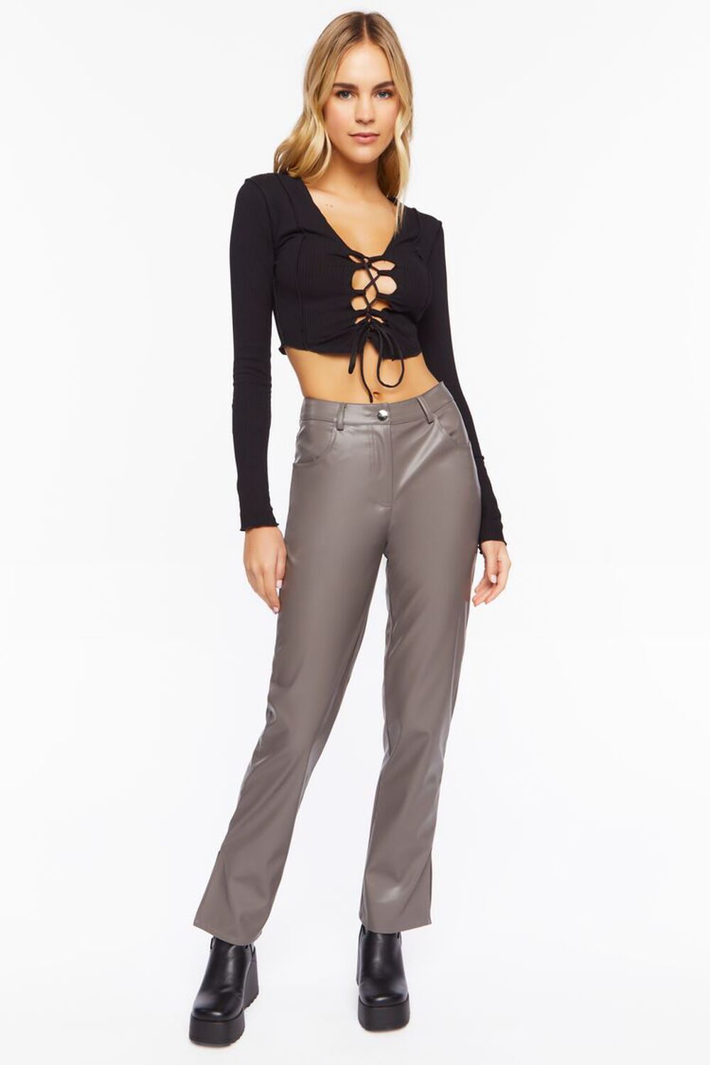 NEUTRAL GREY Faux Leather Straight-Leg Pants, image 1
