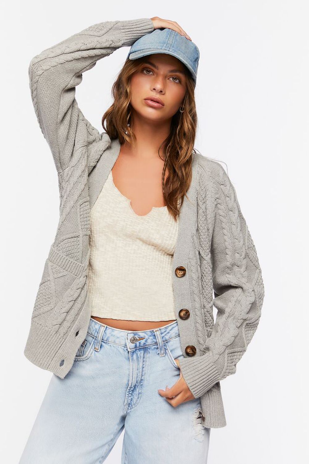 GREY Cable Knit Cardigan Sweater, image 1