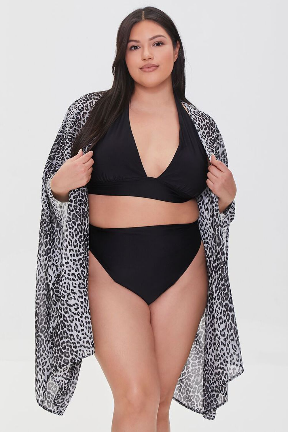BLACK/MULTI Plus Size Leopard Swim Cover-Up Kimono, image 1