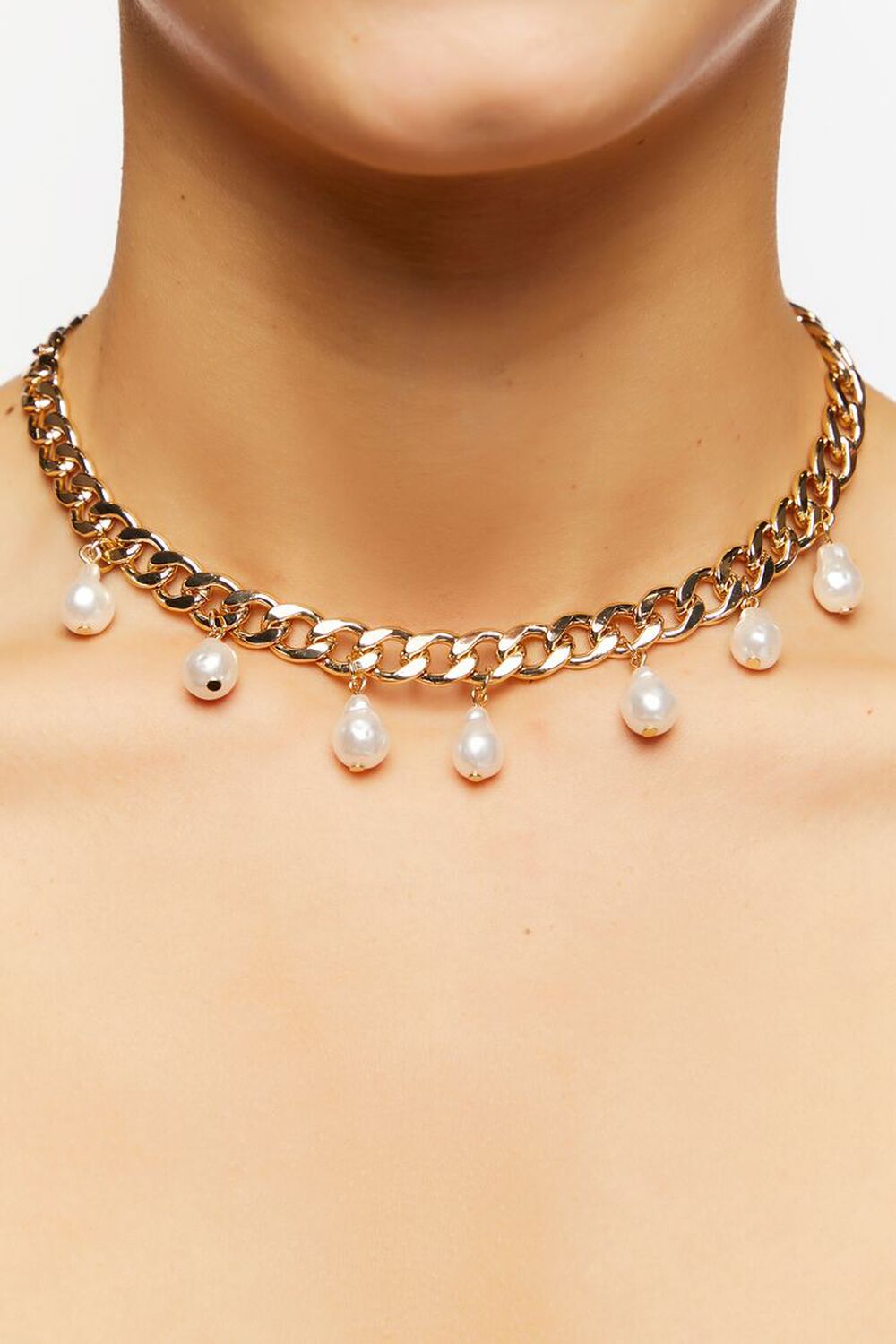 CREAM/GOLD Faux Pearl Curb Chain Necklace, image 1
