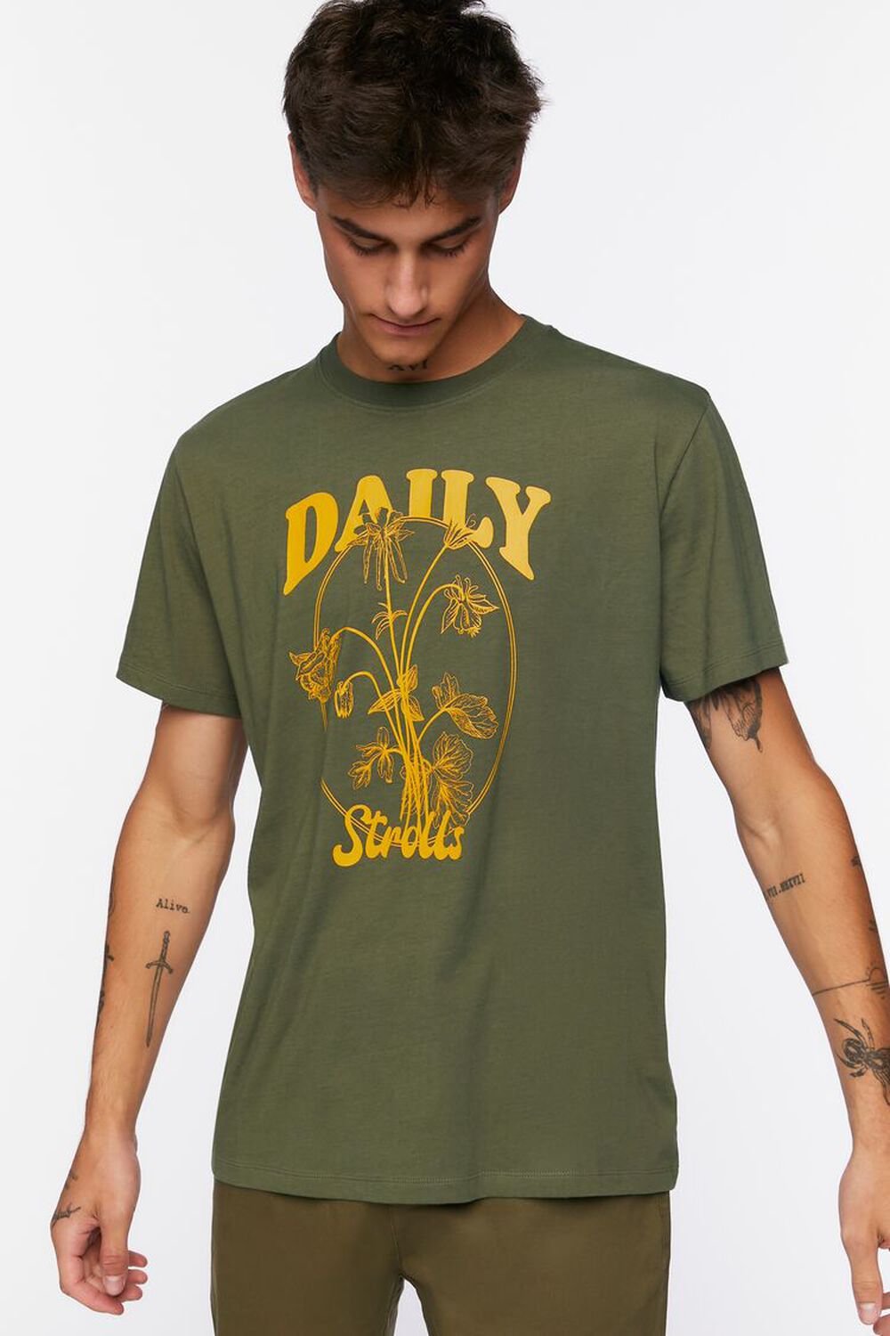 OLIVE/GOLD Organically Grown Cotton Floral Graphic Tee, image 1