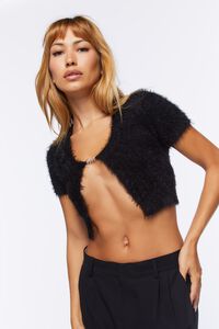 BLACK Fuzzy Sweater-Knit Split-Hem Top, image 1
