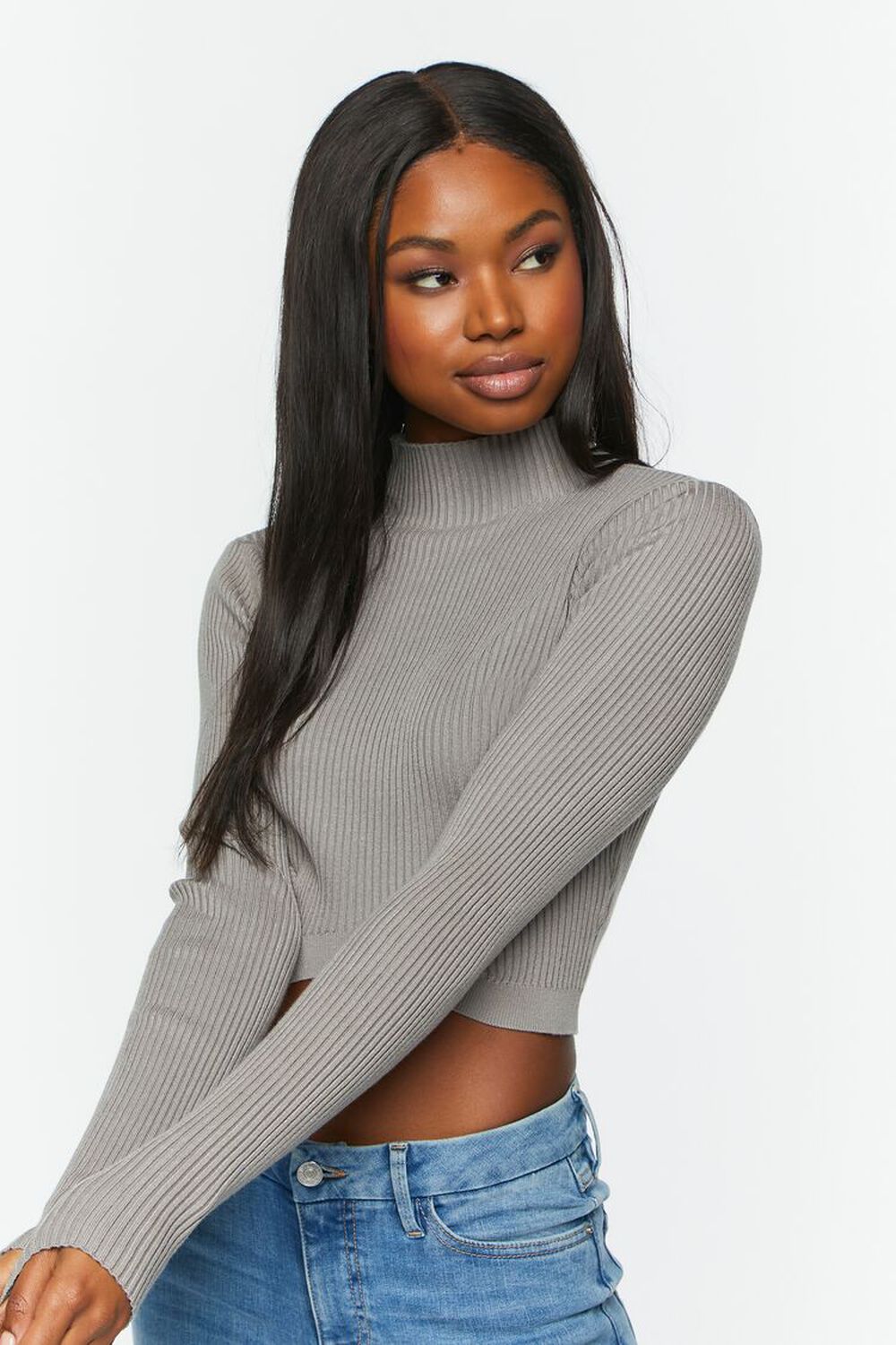 Ribbed Mock Neck Sweater-Knit Crop Top
