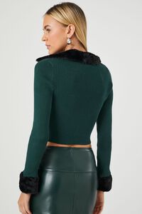 DARK GREEN/BLACK Faux Fur-Trim Zip-Up Sweater, image 3