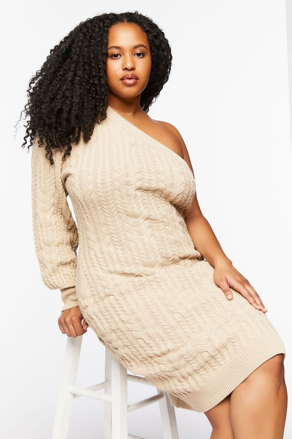 TAN Plus Size One-Shoulder Sweater Dress, image 1