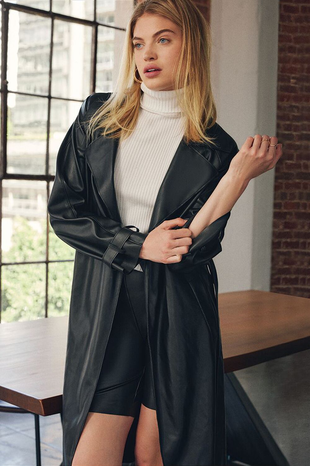 BLACK Belted Faux Leather Duster Jacket, image 1