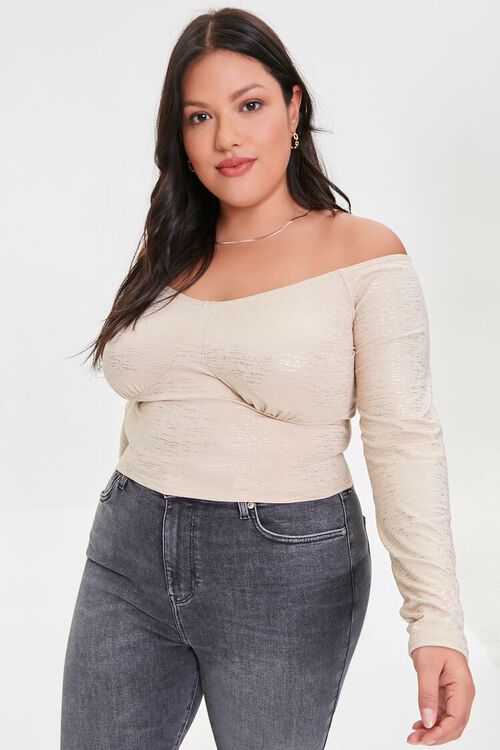 OATMEAL/GOLD Plus Size Off-the-Shoulder Top, image 1
