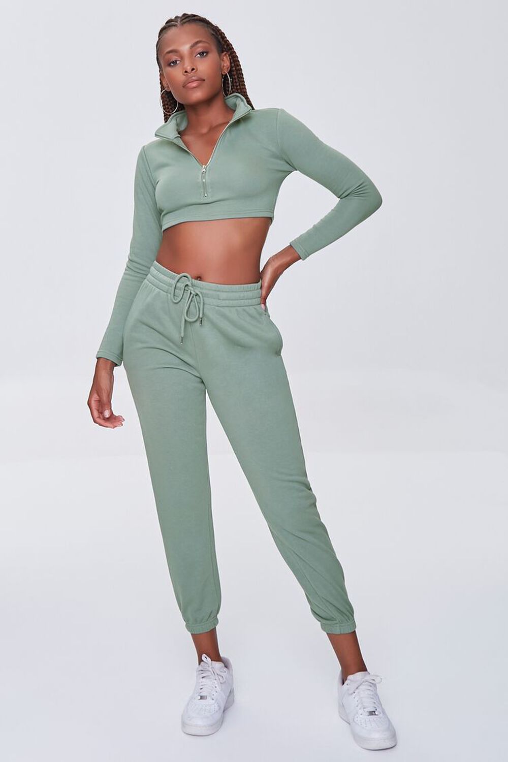 GREEN French Terry Crop Top & Joggers Set, image 1