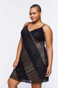 BLACK/NUDE Plus Size Lace Mesh Slip Dress, image 2