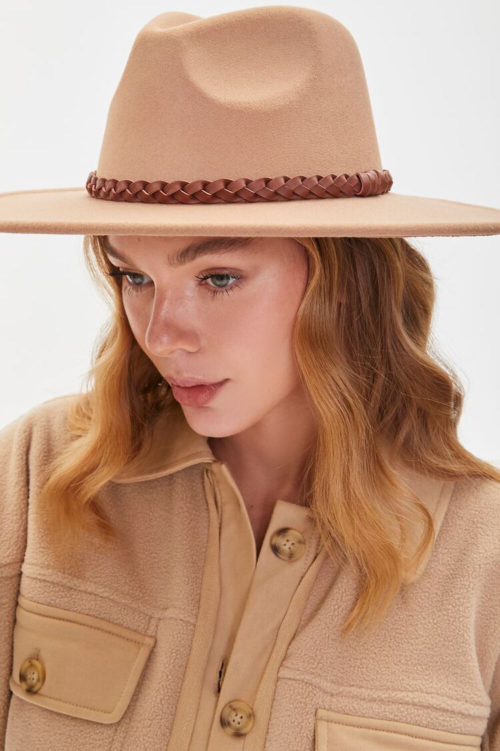 TAN/BROWN Braided Faux Leather-Trim Fedora, image 1
