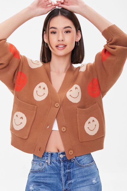 BROWN/MULTI Happy Face Cardigan Sweater, image 1