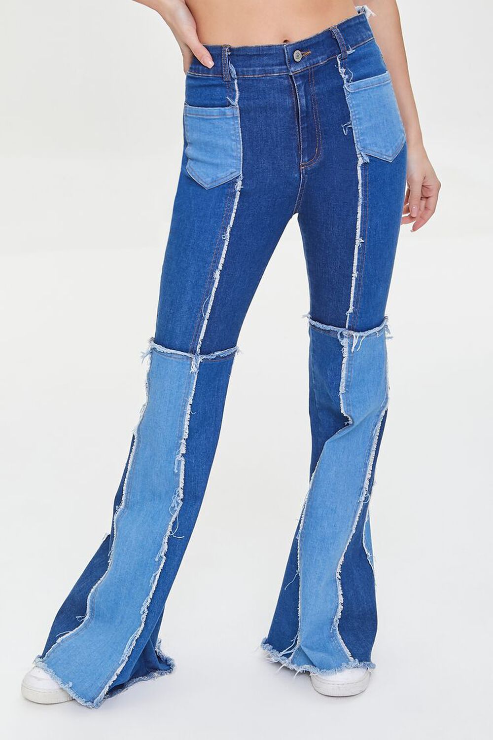 DENIM/MULTI Patchwork Frayed Flare Jeans, image 2