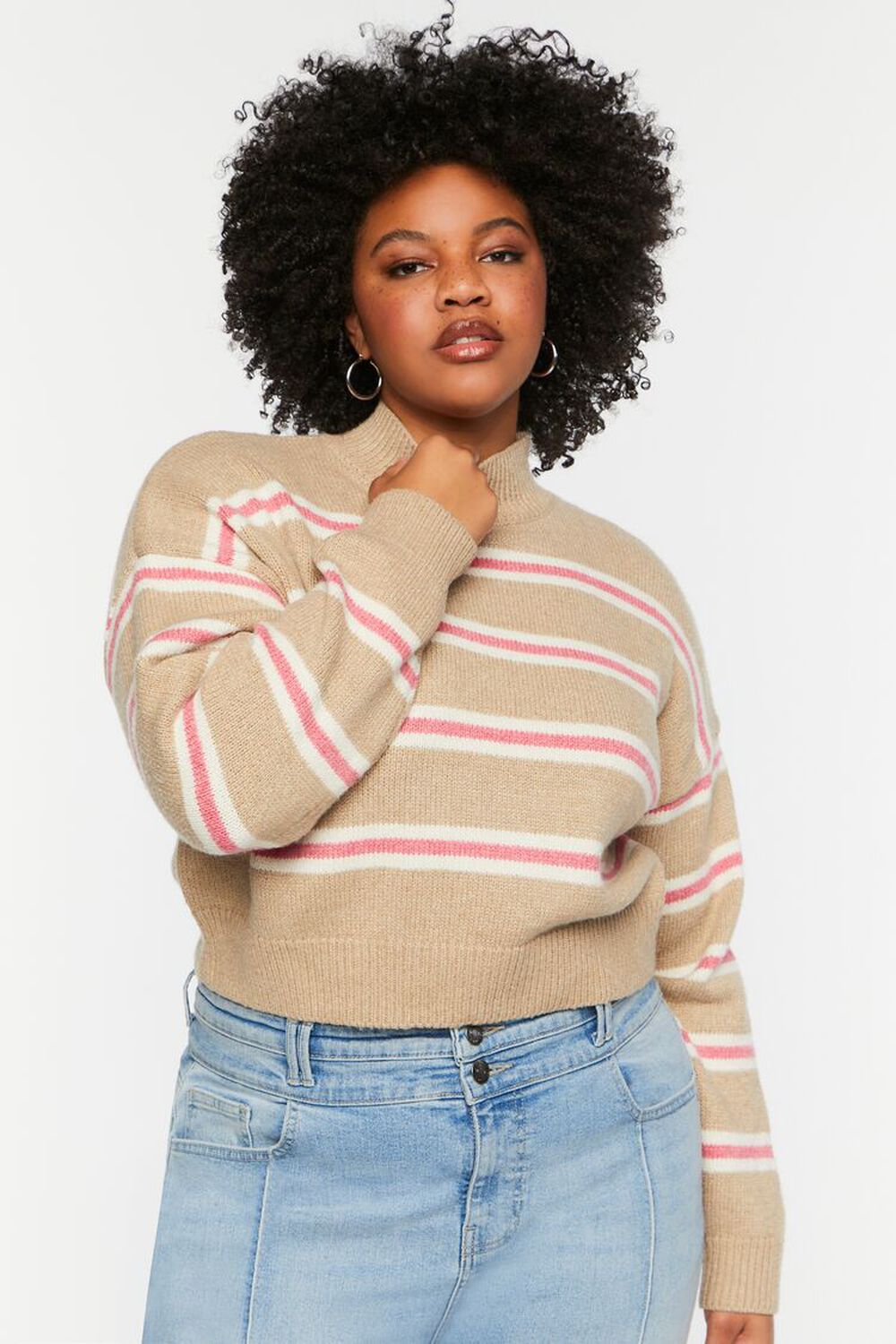 KHAKI/PEONY Plus Size Striped Mock Neck Cropped Sweater, image 1