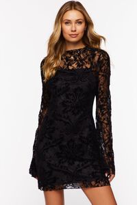 BLACK Lace Overlay A-Line Mini Dress, image 1