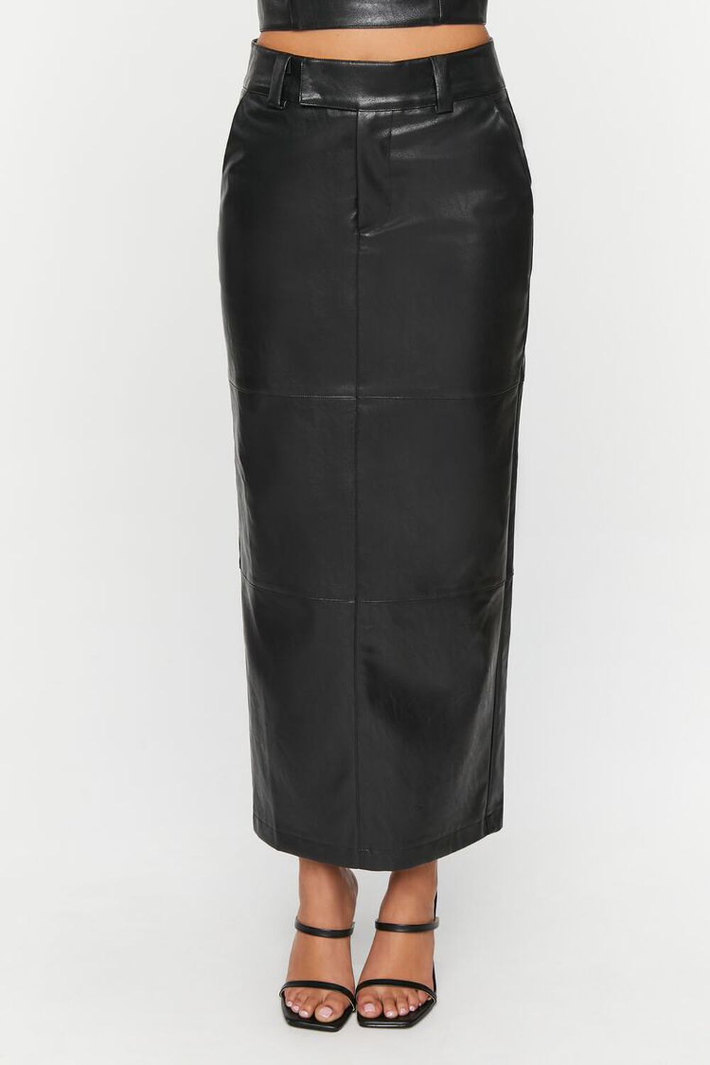 BLACK Faux Leather Slit Midi Skirt, image 2