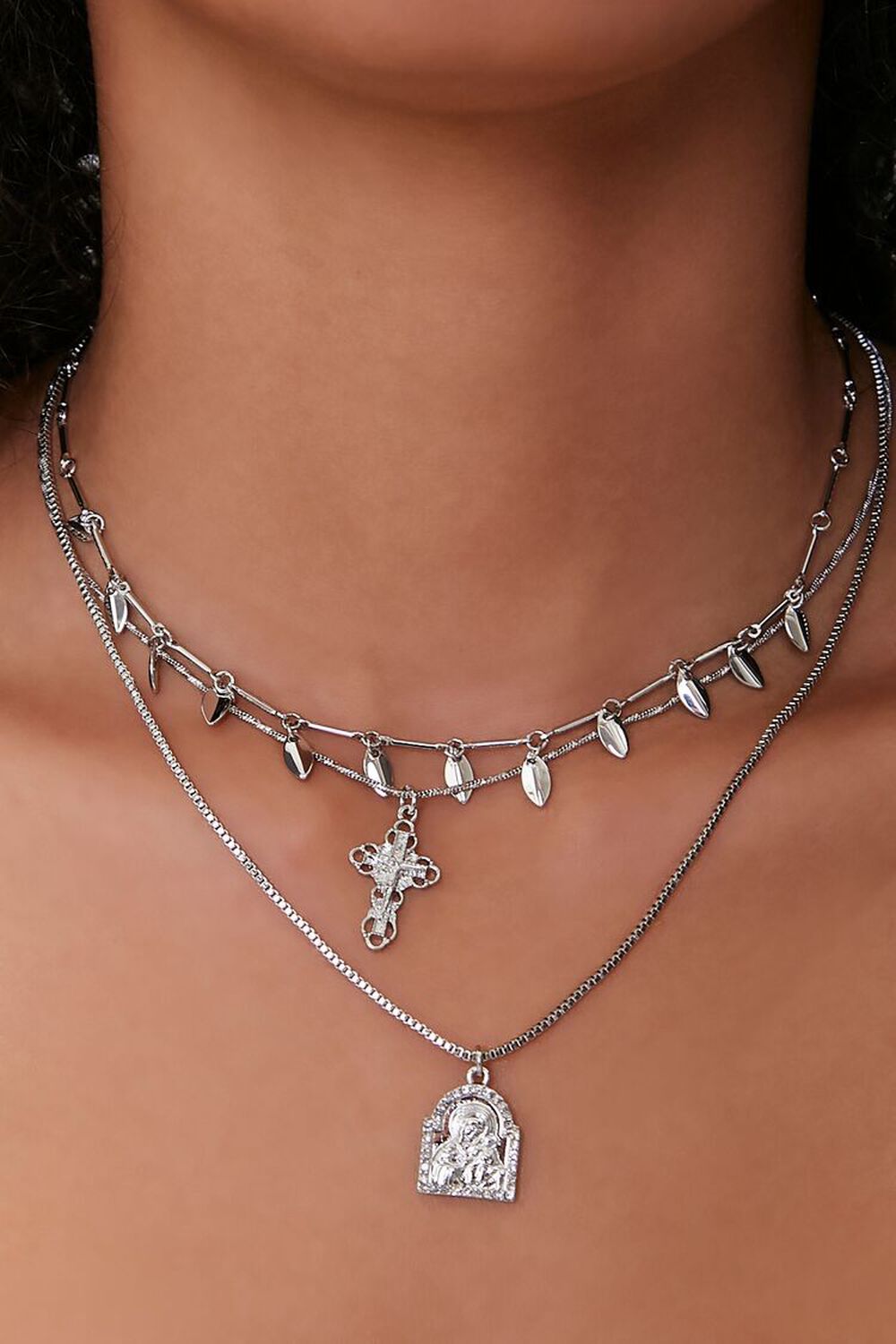 SILVER Cross Pendant Choker Necklace Set, image 1