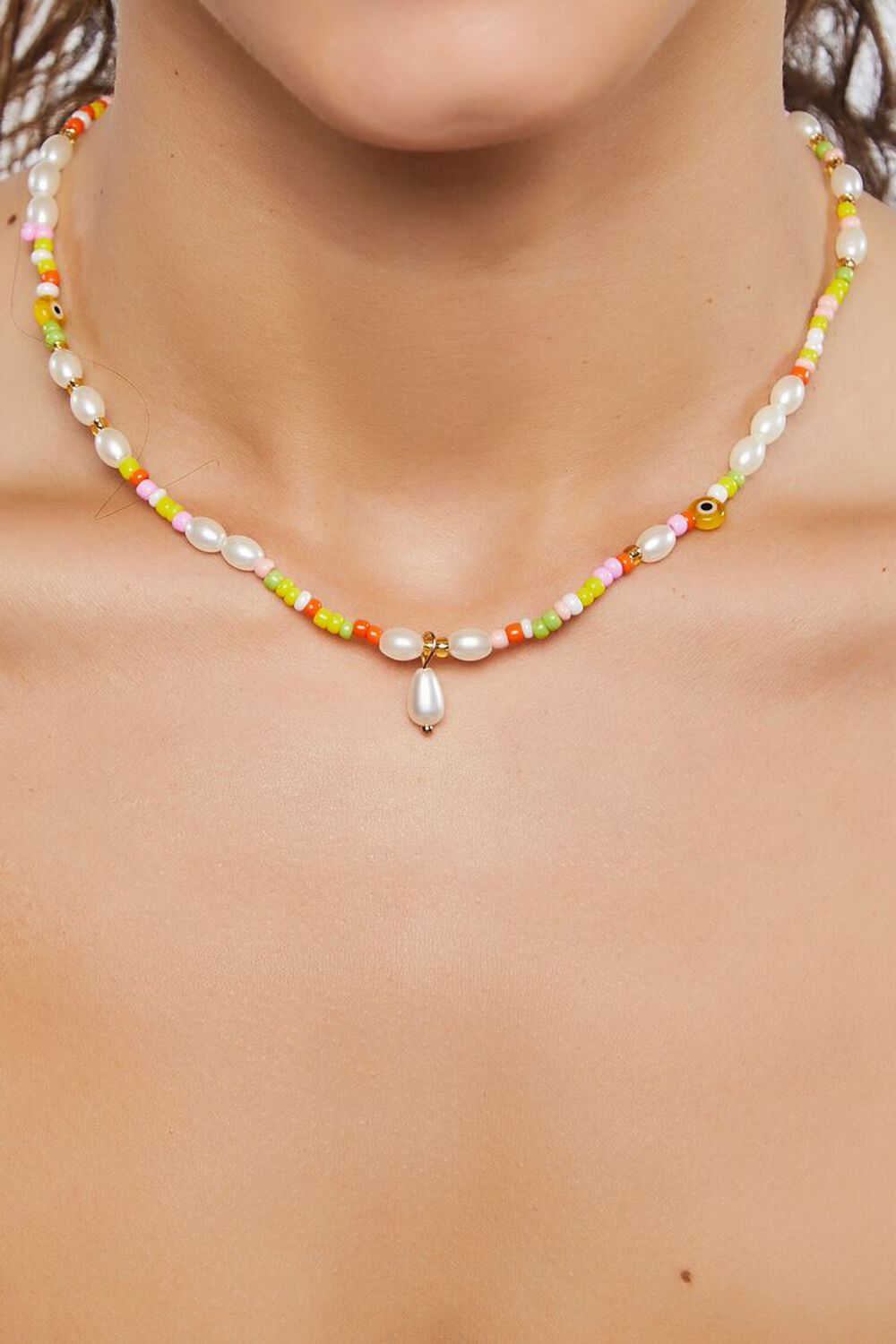 ORANGE/WHITE Evil Eye Faux Pearl Beaded Necklace, image 1