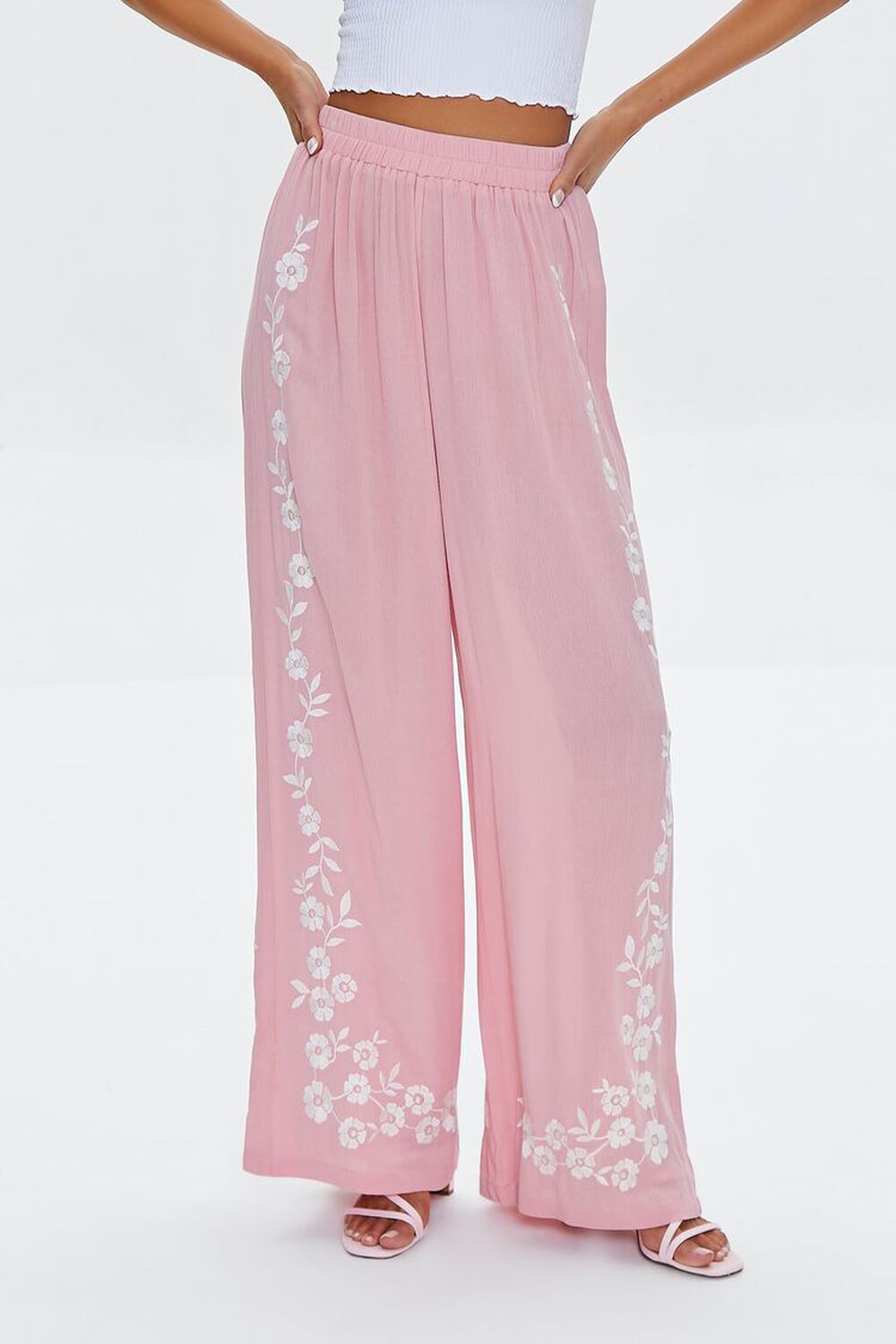ROSE/CREAM Floral Embroidered Palazzo Pants, image 2