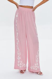 ROSE/CREAM Floral Embroidered Palazzo Pants, image 2