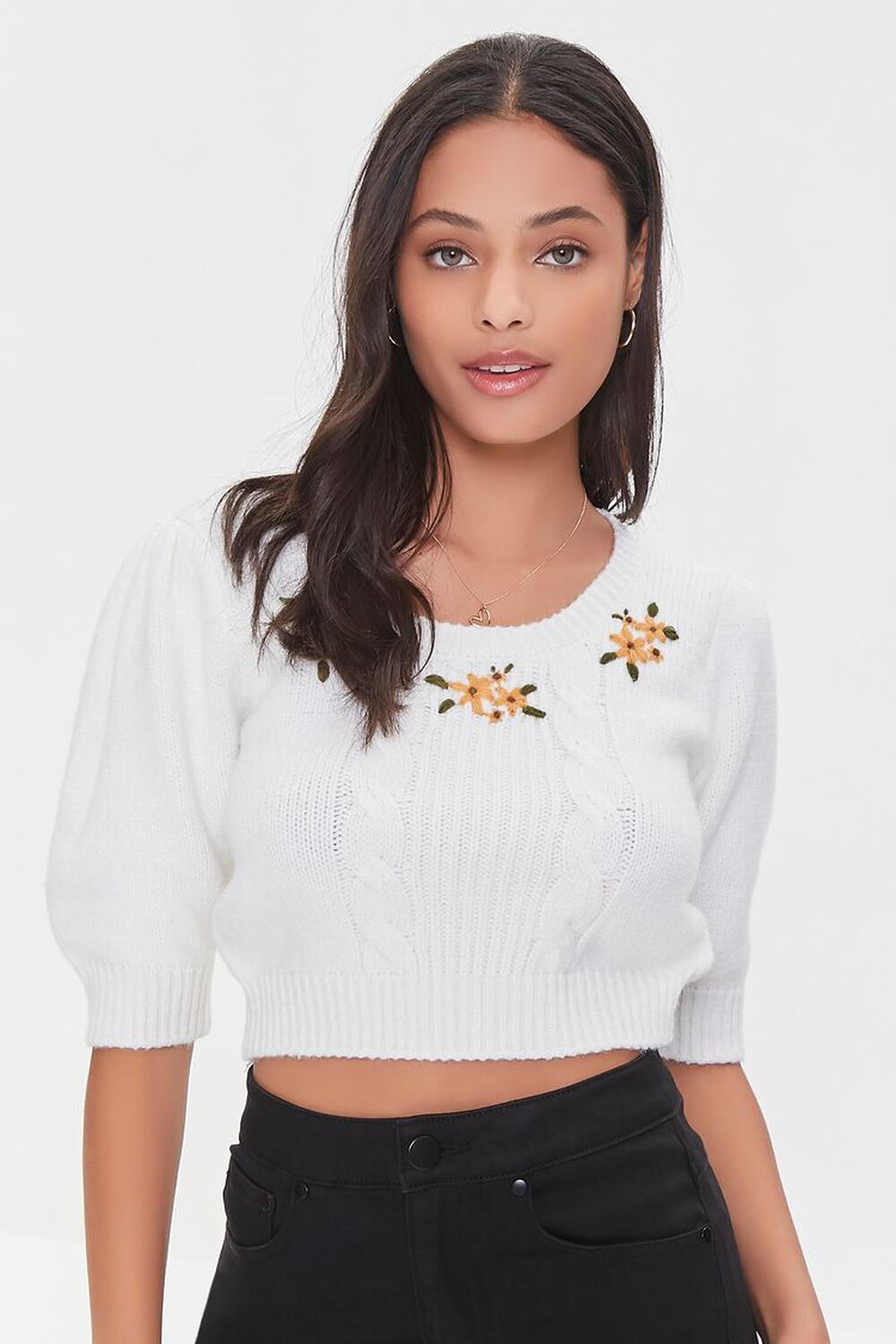 CREAM/MULTI Embroidered Floral Cropped Sweater, image 1