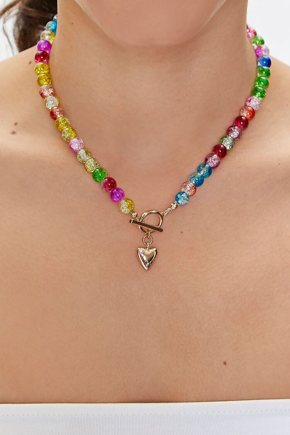 GOLD/MULTI Beaded Heart Charm Toggle Necklace, image 1