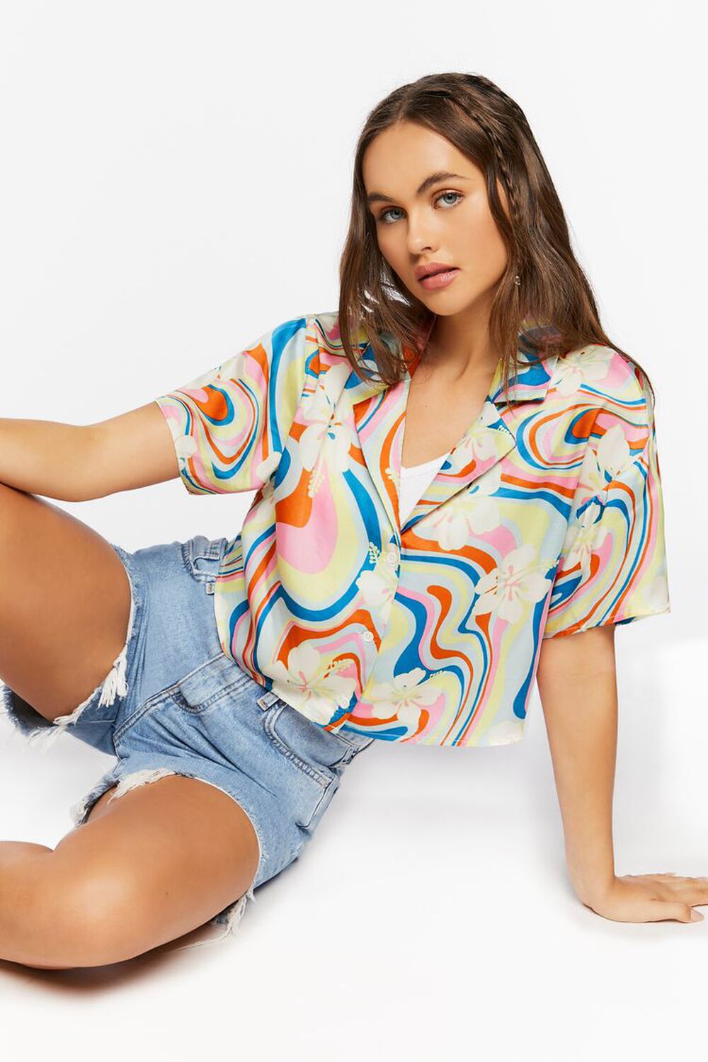 PINK/MULTI Tropical Floral Print Cropped Shirt, image 1