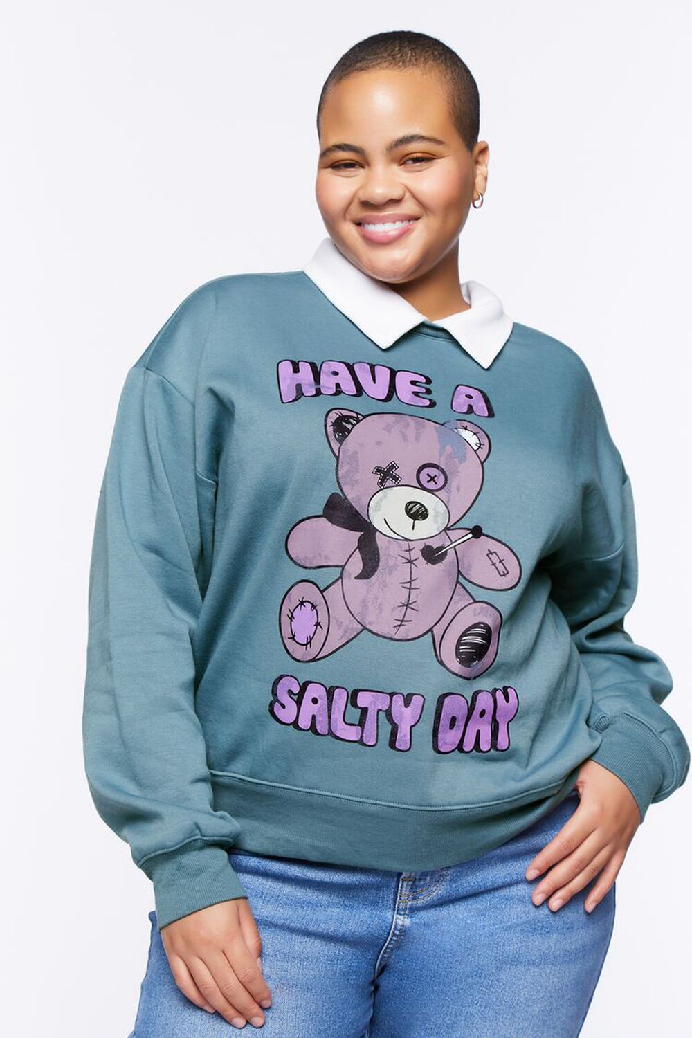 Plus Size Teddy Bear Graphic Combo Pullover, image 1